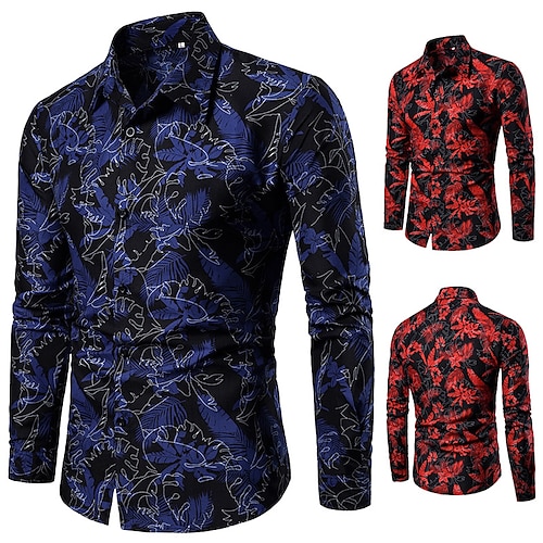 Men's Prom Shirt Disco Shirt Red Blue Floral Collar Wedding Party Clothing Apparel