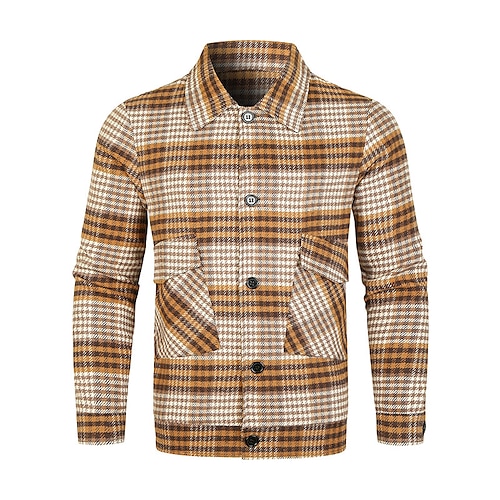 

Men's Flannel Shirt Overshirt Shirt Jacket Durable Casual Daily Vacation To-Go Single Breasted Turndown Comfort Leisure Jacket Outerwear Grid / Plaid Pocket Brown