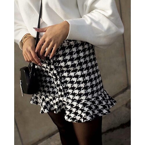 

Women's Skirt Work Skirts Mini Tweed Woolen Black and white grid Skirts Ruffle Print Fashion Office / Career Daily S M L