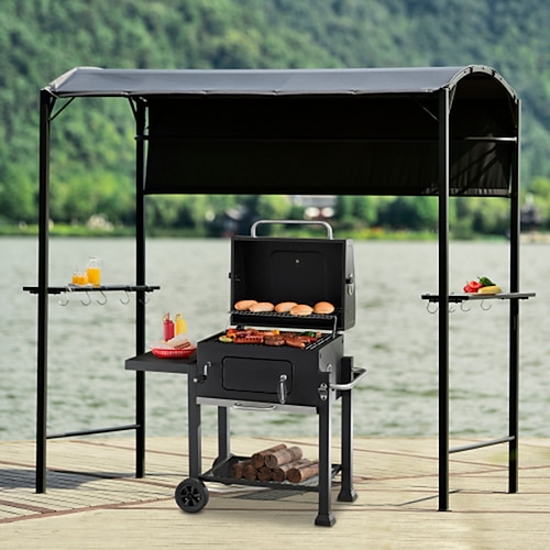 

TOPMAX Outdoor 7Ft.Wx4.5Ft.L Iron Double Tiered Backyard Patio BBQ Grill Gazebo with Side Awning Bar Counters and Hooks Gray