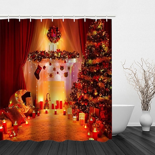 

Christmas Santa Shower Curtain Claus Christmas Tree Christmas Ball Snowman Christmas Household Bathroom Adornment Anti Water Bath Curtain Hook Modern Polyester Processing