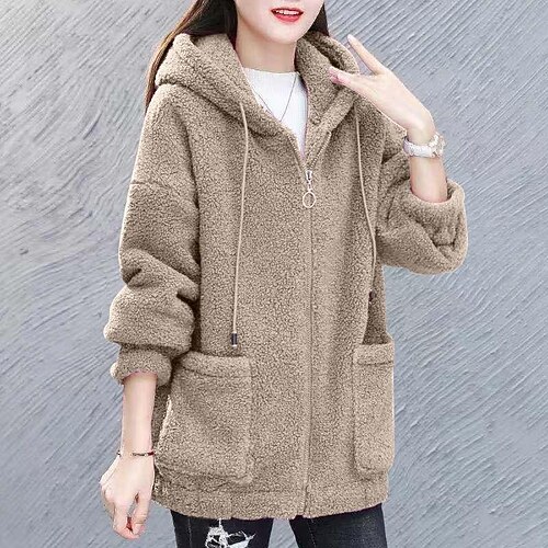 

Women's Fleece Jacket Pullover Sherpa Fleece Teddy Pocket Zip Up Khaki [thick lamb fleece] Coffee [thickened lamb velvet] Blue [thick lamb velvet] Solid Color Street Hoodie Long Sleeve Fleece 2XL