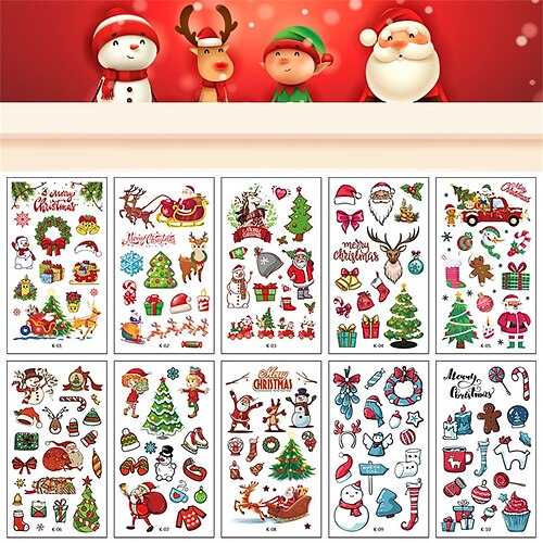 

10 pcs Christmas Tattoo Stick Waterproof and Authentic Children's Sticker Santa Claus Snowman One-time Stick