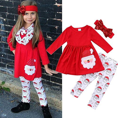 

Kids Girls' 3pcs Christmas Santa Claus Pants&Shirt Suit Long Sleeve Red Santa Claus Outdoor Casual Fashion Cute Regular 3-7 Years