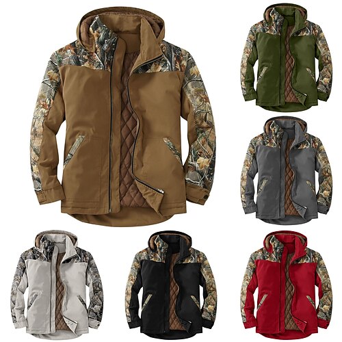 

Men's Puffer Jacket Winter Jacket Quilted Jacket Shirt Jacket Winter Coat Warm Casual Plaid / Check Outerwear Clothing Apparel Black Khaki Red