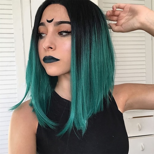 

Short Bob Wig for Women Black to Dark Green Wig Middle Part Straight Dark Roots Ombre Wig Heat Resistant Synthetic Colorful Cosplay Party Christmas Party Wigs