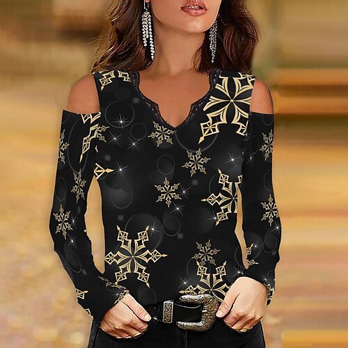 

Women's Shirt Purplish Blue Green Blue Snowflake Cut Out Lace Trims Long Sleeve Christmas Casual Streetwear V Neck Regular S