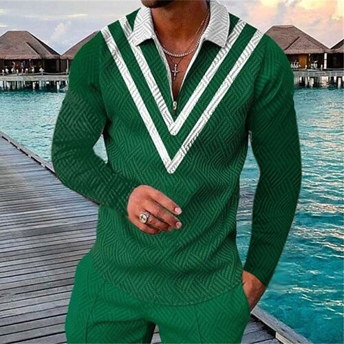 

Men's Collar Polo Shirt Golf Shirt Graphic Prints Geometry Turndown Green 3D Print Outdoor Street Long Sleeve Zipper Print Clothing Apparel Fashion Designer Casual Breathable