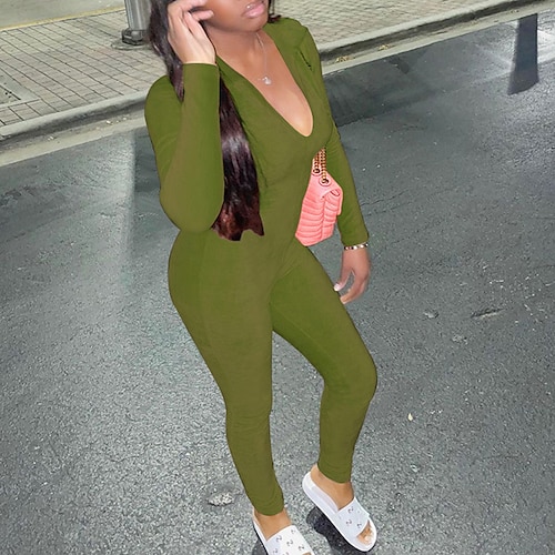 

Women's Jumpsuit High Waist Solid Color V Neck Streetwear Street Sport Regular Fit Long Sleeve Green Pink Black S M L Spring