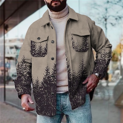 

Men's Jacket With Pockets Daily Wear Vacation Going out Single Breasted Turndown Streetwear Sport Casual Jacket Outerwear Trees Front Pocket Print Khaki Gray