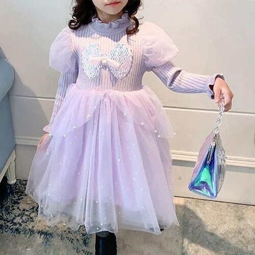 

Kids Girls' Dress Solid Color Sweater Dress Midi Dress School Cotton Long Sleeve Princess Dress 4-12 Years Winter Purple Pink / Fall / Sweet