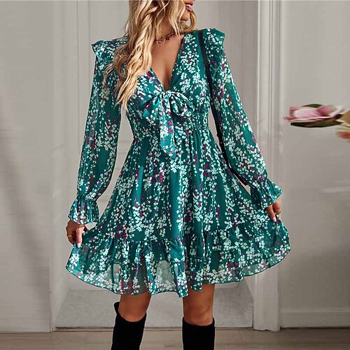 

Women's Casual Dress Swing Dress Floral Dress Midi Dress Green Long Sleeve Floral Print Winter Fall Autumn V Neck Winter Dress Fall Dress Loose Fit 2022 S M L XL