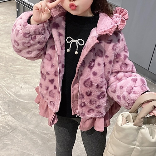 

Kids Girls' Coat Outerwear Leopard Polka Dot Long Sleeve Coat Daily Cotton Active Basic Purple Beige Winter Fall 2-8 Years