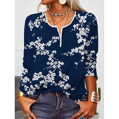 

Women's T shirt Tee Blue Floral Patchwork Print Long Sleeve Casual Daily Basic Round Neck Regular S