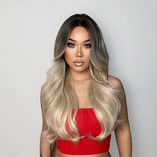 

26 Inch Synthetic Wig Ladies Wig Gradient Color With Brown and Blonde Long Wave Curly Hair Without Bangs Fashion Daily Party Christmas Cosplay