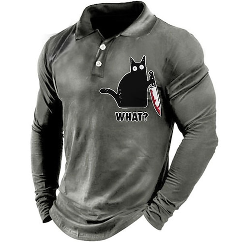 

Men's Collar Polo Shirt Golf Shirt Animal Cat Letter Graphic Prints Turndown Green Blue Gray Black 3D Print Outdoor Street Long Sleeve Button-Down Print Clothing Apparel Fashion Designer Casual