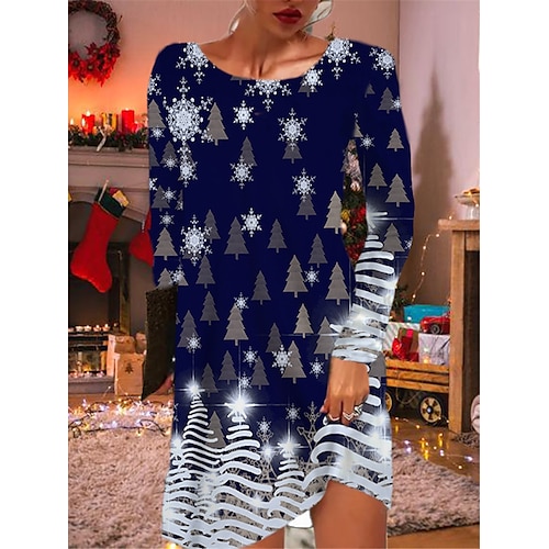

Women's Casual Dress T Shirt Dress Tee Dress Shift Dress Mini Dress Black Wine Navy Blue Long Sleeve Christmas Tree Pocket Winter Fall Autumn Crew Neck Christmas 2022 S M L XL XXL 3XL