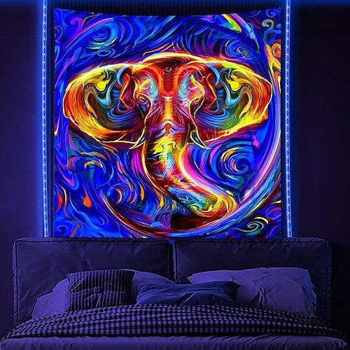 

Blacklight UV Reactive Wall Tapestry Elephant Art Decor Blanket Curtain Picnic Tablecloth Hanging Home Bedroom Living Room Dorm Decoration Polyester