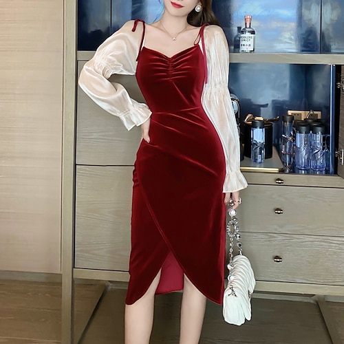 

Women's Velvet Dress Sheath Dress Red Long Sleeve Color Block Ruched Puff Sleeve Velvet Winter Fall Square Neck Stylish Elegant Fall Dress Puff Sleeve Slim 2022 S M L XL / Winter Dress