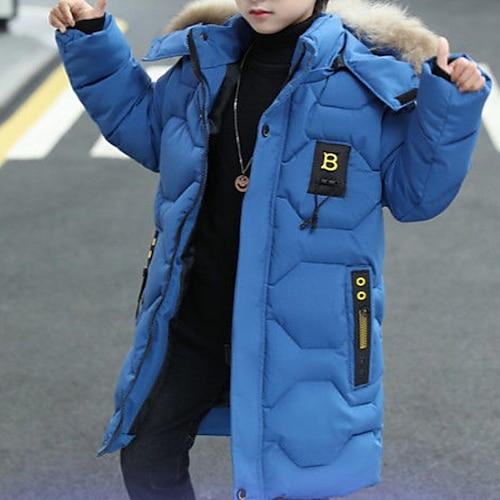 

Kids Boys Down Coat Outerwear Solid Color Long Sleeve Coat Outdoor Cotton Cool Daily Black Blue Red Winter Fall 7-13 Years