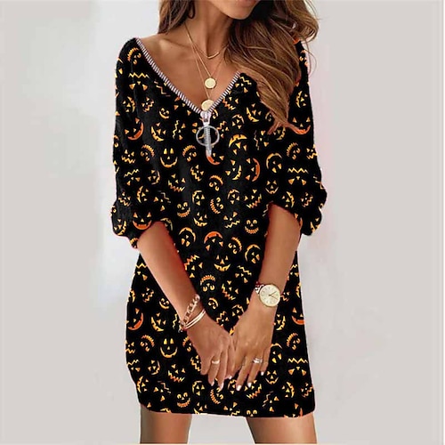 

Women's Sweatshirt Dress Winter Dress Yellow Long Sleeve Zipper Print Winter Fall V Neck Vacation Casual Fall Dress Loose Fit 2022 S M L XL XXL 3XL / Halloween