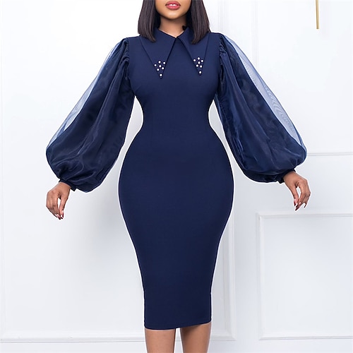 

Women's Bodycon Sheath Dress Knee Length Dress Knee Length Dress Red Navy Blue Green Long Sleeve Pure Color Patchwork Winter Fall Autumn Shirt Collar Stylish Winter Dress Fall Dress 2023 S M L XL 2XL