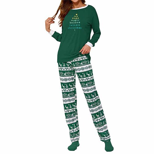 

Women's Christmas Pajamas Nighty Letter Trees Fashion Comfort Soft Home Christmas Carnival Cotton Blend Gift Crew Neck Long Sleeve T shirt Tee Pant Spring Fall Green