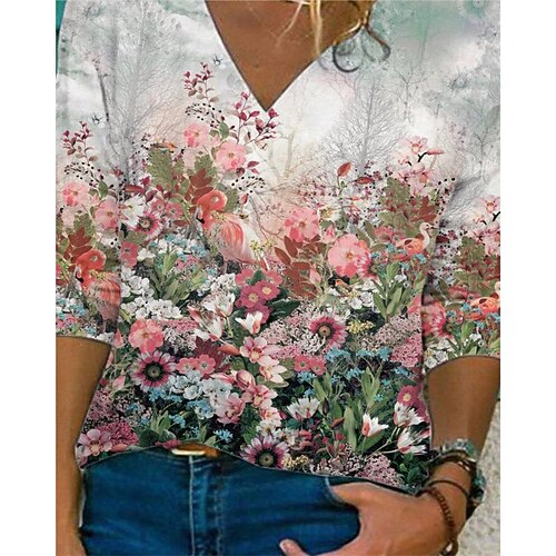 

spot 2022 aliexpress wish independent station early autumn new products casual plant printing v-neck knitted long-sleeved top