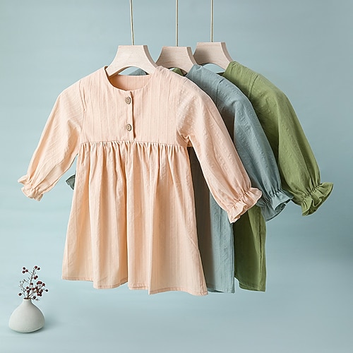 

Kids Girls' Dress Solid Color A Line Dress Dress Outdoor Cotton Long Sleeve Fashion Dress 3-7 Years Winter Green Blue Pink / Fall