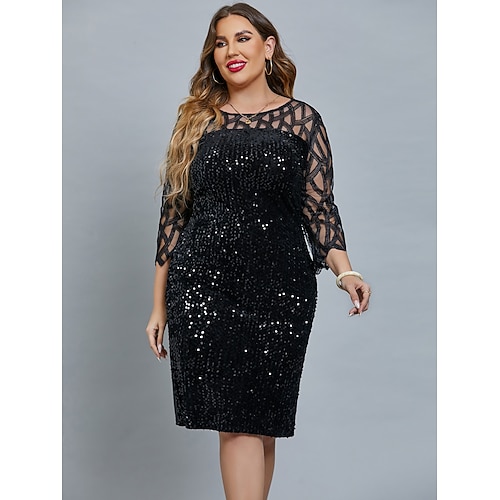 

Women's Plus Size Curve Party Dress Solid Color Crew Neck Sequins 3/4 Length Sleeve Winter Fall Sequins Prom Dress Midi Dress Formal Party Dress / Sequin Dress / Mesh
