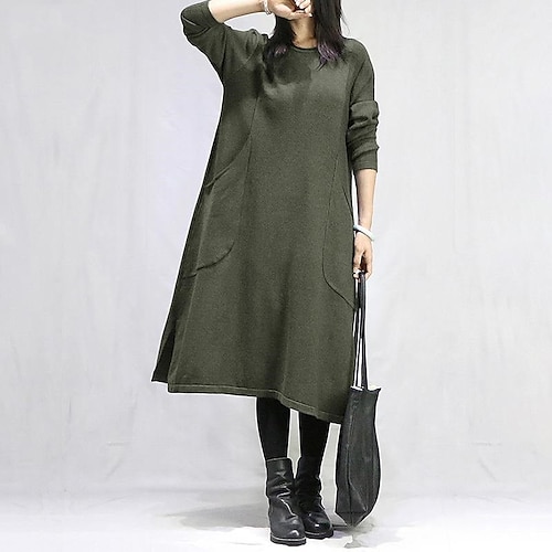 

Women's Casual Dress Shift Dress Midi Dress Black Army Green Gray Long Sleeve Pure Color Pocket Winter Fall Autumn Crew Neck Modern Weekend Loose Fit 2022 S M L XL 2XL 3XL 4XL 5XL