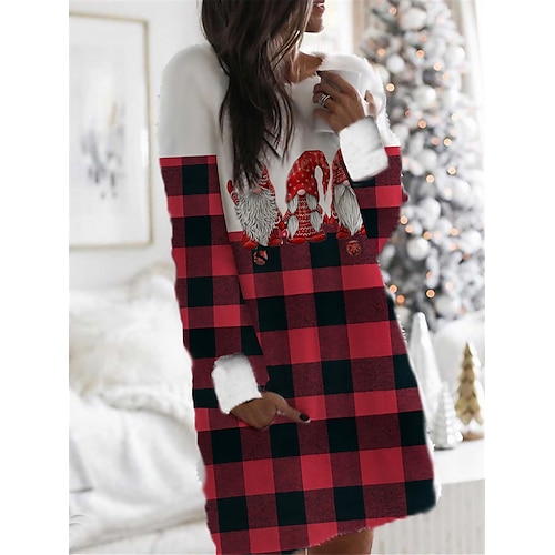 

Women's Christmas Hoodie Dress Winter Dress Mini Dress Wine Fuchsia Red Navy Blue Long Sleeve Plaid Elk Tree Pocket Print Winter Fall Hooded Casual Loose Fit 2022 S M L XL XXL 3XL