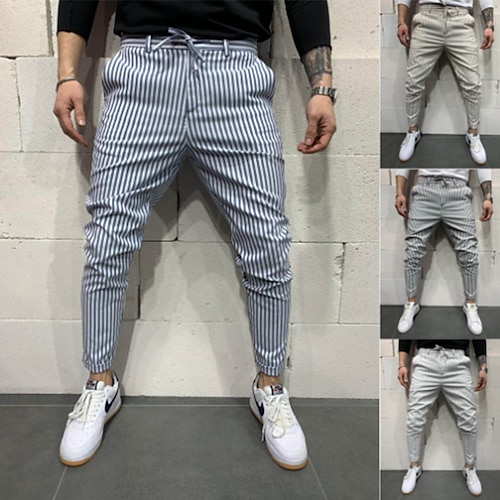 

Men's Chinos Trousers Casual Pants Jogger Pants Pocket Drawstring Stripe Comfort Full Length Business Casual Daily Fashion Simple Loose Fit Blue khaki
