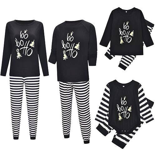 

Family Look Christmas Pajamas Letter Striped Home Black Long Sleeve Basic Matching Outfits