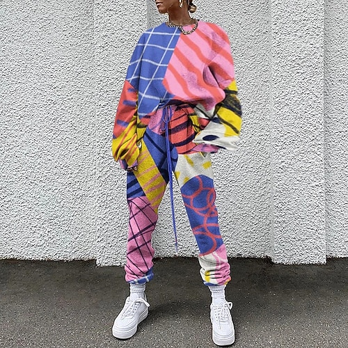 

Women's Sweatshirt Tracksuit Pants Sets Basic Pink Yellow Tie Dye Patchwork Drawstring Crew Neck S M L XL XXL / Loose Fit