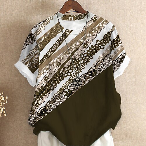 

Women's Plus Size Tops T shirt Tee Floral Geometry Print Short Sleeve Crewneck Streetwear Daily Sports Cotton Spandex Jersey Spring Summer Green Blue