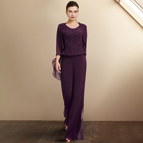 

Pantsuit 3 Piece Suit Mother of the Bride Dress Plus Size Elegant Jewel Neck Floor Length Chiffon Lace Sleeveless with Appliques 2022
