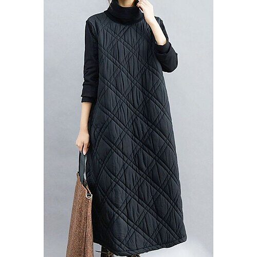 

Women's Shift Dress Midi Dress Midi Dress Black 3/4 Length Sleeve Pure Color Patchwork Fake two piece Fall Winter Stand Collar Stylish Modern 2022 S M L XL XXL 3XL / Cotton