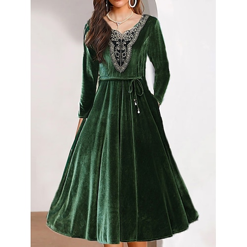 

Women's Velvet Dress Green Lace Dress Midi Dress Green Black Long Sleeve Pure Color Lace up Lace Winter Fall Boat Neck Elegant Mature Fall Dress 2022 M L XL 2XL 3XL 4XL Winter Dress Black Dress