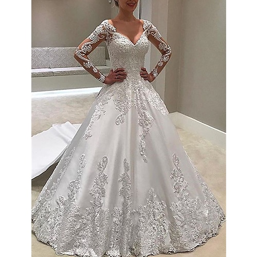 

Fidanzamento Da cerimonia Abiti da sposa Strascico da cappella Da ballo Manica lunga A V Raso Con Bottoni Con applique 2023 Abiti da sposa