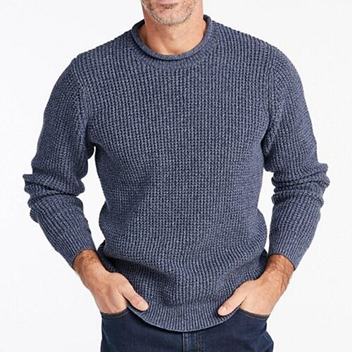 

Men's Pullover Sweater Jumper Ribbed Knit Cropped Knitted Solid Color Crew Neck Keep Warm Modern Contemporary Work Daily Wear Clothing Apparel Winter Spring & Fall Navy Blue M L XL
