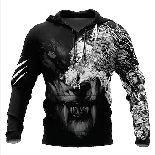 

Herren Hoodie Sweatshirt Kapuze Schwarz und Weiß Grün Schwarz Blau Purpur Mit Kapuze Wolf Grafik-Drucke Vikinger Vordertasche Casual Täglich Sport 3D-Druck Designer Sportbekleidung Ethnisch Herbst