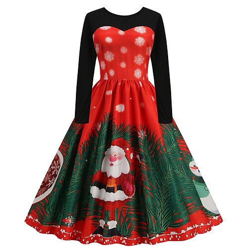 

Robe mi-longue Femme Robe Évasée manche longue Hiver Automne - Classique Patchwork Imprimer père Noël Motif de flocon de neige Noël 2022 Vert Noir Bleu Rose Claire Rouge S M L XL 2XL 3XL