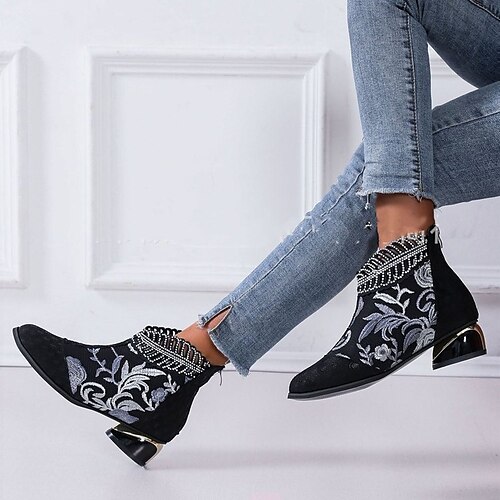 

Women's Boots Daily Plus Size Booties Ankle Boots Winter Rhinestone Embroidery Chunky Heel Pointed Toe Vintage Casual PU Leather Zipper Embroidered Black Green Purple