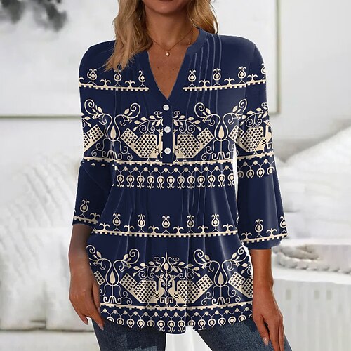 

Women's Shirt Green Blue Black Graphic Button Flowing tunic Long Sleeve Holiday Weekend Streetwear Ethnic V Neck Regular S