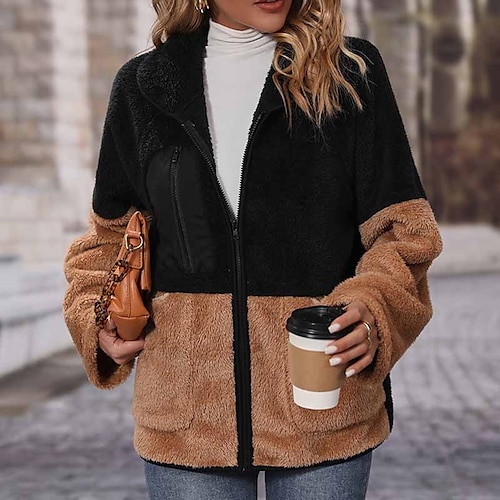 

Women's Sherpa jacket Fleece Jacket Teddy Coat Warm Breathable Outdoor Daily Wear Vacation Going out Patchwork Pocket Zipper Turndown Active Comfortable Street Style Plush Color Block Regular Fit