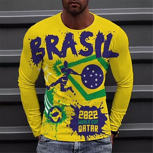 

Men's T shirt Tee Graphic Prints Football player Crew Neck Yellow 3D Print World Cup Outdoor Street Long Sleeve Print Clothing Apparel Basic Sports Designer Casual