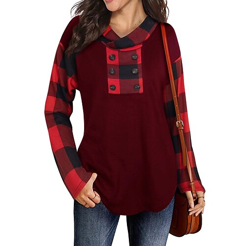 

Women's Shirt Green Purple Wine Plaid Button Print Long Sleeve Casual Basic Hooded Regular S