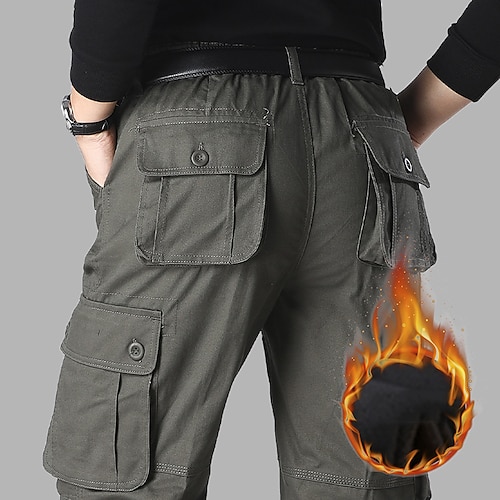 

Men's Cargo Pants Fleece Pants Trousers Casual Pants Multi Pocket Straight Leg Solid Color Comfort Warm Full Length Casual Daily Going out 100% Cotton Sports Stylish ArmyGreen Yellow / Winter