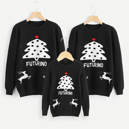 

Family Sweatshirt Pullover Letter Elk Ugly Christmas Tree Casual Black Long Sleeve Daily Matching Outfits